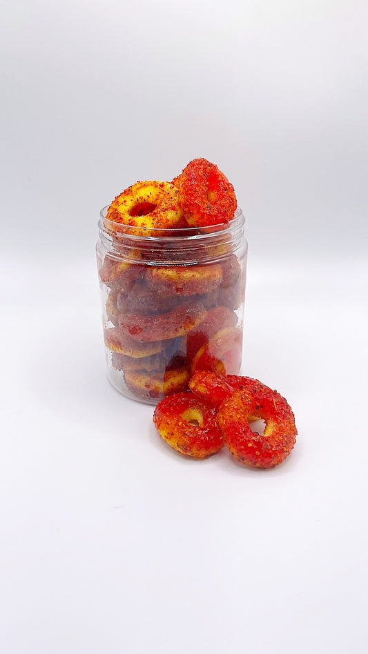 Peach Rings Enchilados - Miami Pika- dulces enchilados- mexican candy- pica pica- chamoy candy- chamoy pickle kit- viral tiktok- tiktok candy- tiktok pickle kits- fruit gushers enchilados- tajin- lucas- chamoy sauce- chamoy condiment- spicy candy- mexican candy