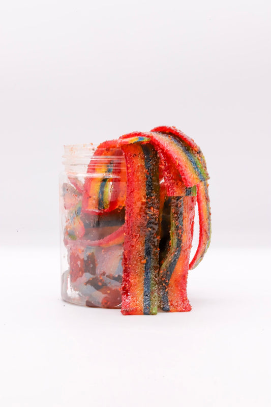 Rainbow Belts Enchilados- dulces enchilados- mexican candy- pica pica- chamoy candy- chamoy pickle kit- viral tiktok- tiktok candy- tiktok pickle kits- fruit gushers enchilados- tajin- lucas- chamoy sauce- chamoy condiment- spicy candy- mexican candy